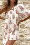 Sexy Vacation Print Fold Oblique Collar A Line Dresses