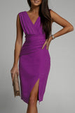 Celebrities Elegant Solid Slit Fold V Neck Evening Dress Dresses(4 Colors)