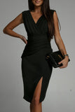 Celebrities Elegant Solid Slit Fold V Neck Evening Dress Dresses(4 Colors)