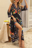 Bohemian College Floral Slit V Neck A Line Dresses