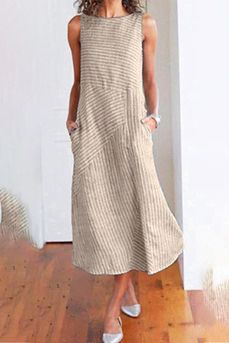 Casual Sweet Striped Pocket O Neck Sleeveless Dress Dresses(4 Colors)