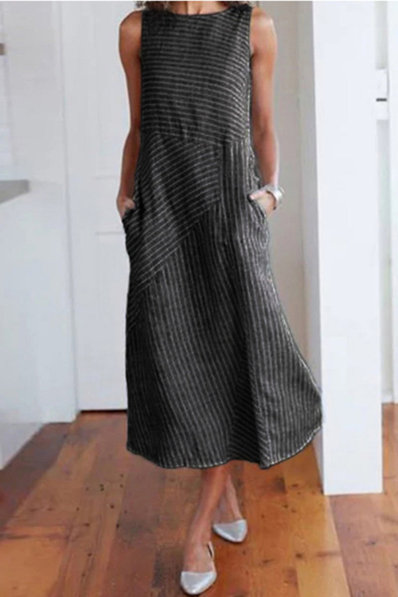 Casual Sweet Striped Pocket O Neck Sleeveless Dress Dresses(4 Colors)