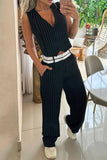 Casual Work Striped Buckle V Neck Sleeveless Two Pieces