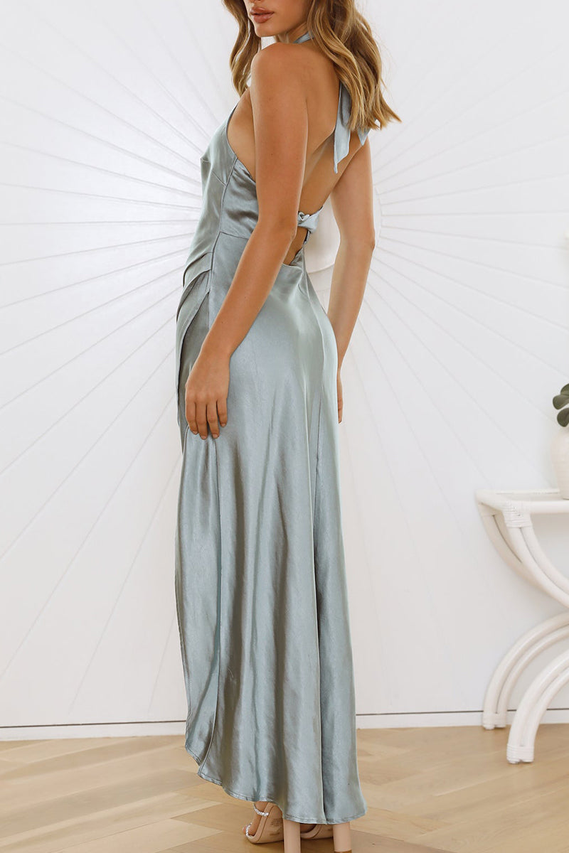 Celebrities Elegant Solid Frenulum Slit Halter Sleeveless Dress Dresses