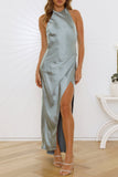 Celebrities Elegant Solid Frenulum Slit Halter Sleeveless Dress Dresses
