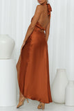 Celebrities Elegant Solid Frenulum Slit Halter Sleeveless Dress Dresses