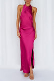 Celebrities Elegant Solid Frenulum Slit Halter Sleeveless Dress Dresses
