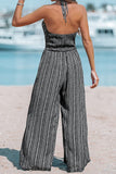 Daily College Striped Print Patchwork V Neck Loose Jumpsuits