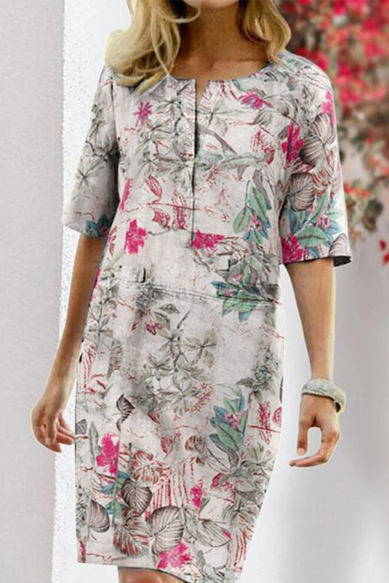 Elegant College Floral Patchwork O Neck Printed Dress Dresses(5 Colors)