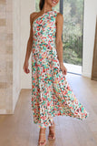 Elegant Floral Fold Oblique Collar Printed Dress Dresses
