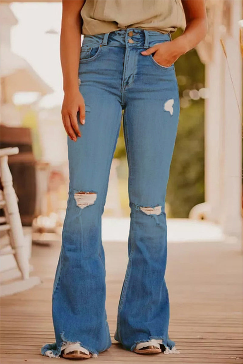 Casual Street Solid Ripped Make Old High Waist Denim Jeans(3 Colors)