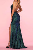 Sexy Formal Solid Sequins Backless Slit V Neck Evening Dress Dresses