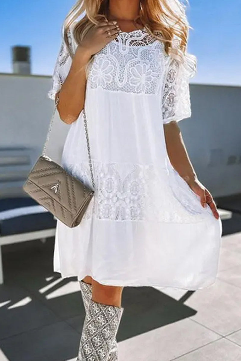 Sweet Elegant Solid Lace See-through O Neck A Line Dresses