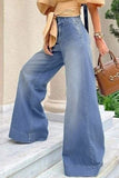 Street Simplicity Solid Patchwork High Waist Boot Cut Denim Jeans