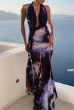 Sexy Vacation Print Backless V Neck Dresses