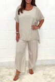 Plus Size Casual Solid Asymmetrical O Neck Short Sleeve Two Pieces(9 Colors)