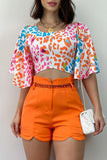 Casual Print Patchwork O Neck Half Sleeve Two Pieces