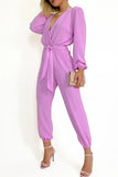 Casual Simplicity Solid Frenulum V Neck Regular Jumpsuits