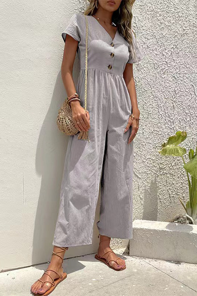 Casual Solid Buttons V Neck Loose Jumpsuits(5 Colors)