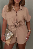 Casual Simplicity Solid Pocket Turndown Collar Short Sleeve Two Pieces(5 Colors)