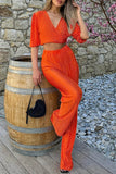 Casual Simplicity Solid Fold V Neck Half Sleeve Two Pieces