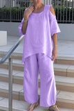 Casual Solid Asymmetrical O Neck Half Sleeve Two Pieces