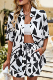 Casual Daily Geometric Print Contrast Turndown Collar Short Sleeve Two Pieces