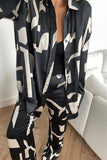 Casual Geometric Print Patchwork Turndown Collar Long Sleeve Two Pieces
