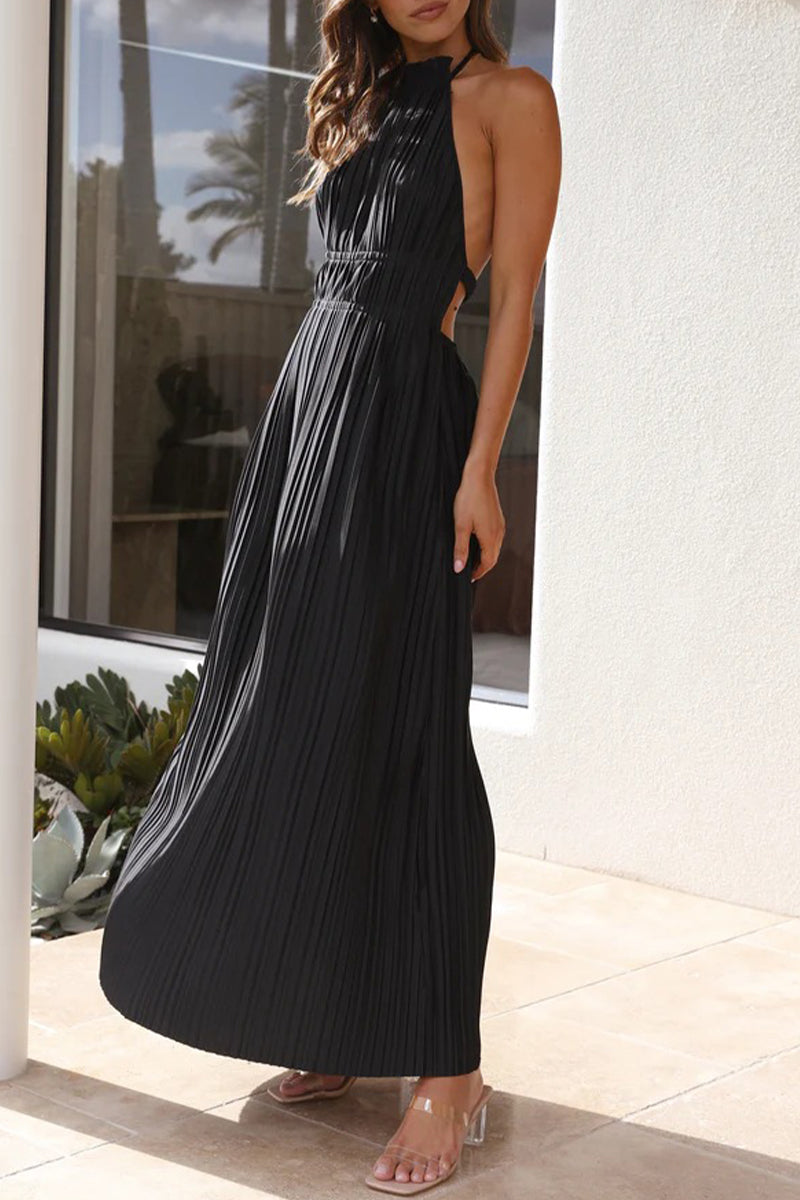 Elegant Solid Backless Fold Halter Waist Skirt Dresses(4 Colors)
