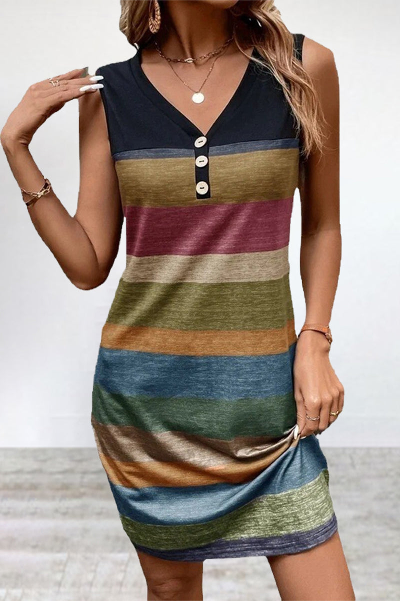 Casual Striped Contrast V Neck Sleeveless Dress Dresses(6 Colors)