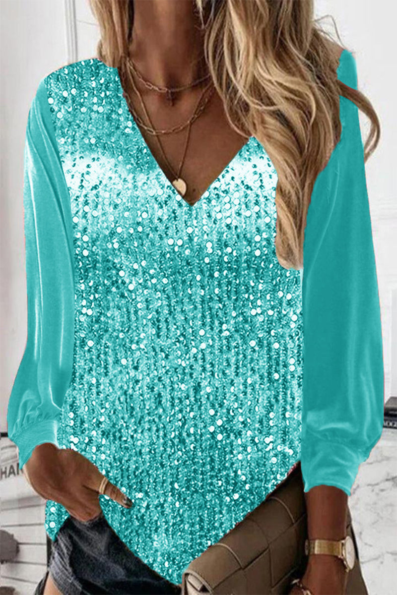 Casual Solid Sequins V Neck Blouses(5 Colors)