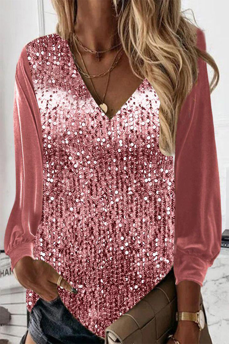 Casual Solid Sequins V Neck Blouses(5 Colors)