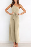 Casual Simplicity Solid Bandage Oblique Collar Straight Jumpsuits(6 Colors)