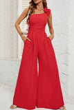 Casual Solid Pocket Flounce Oblique Collar Straight Jumpsuits