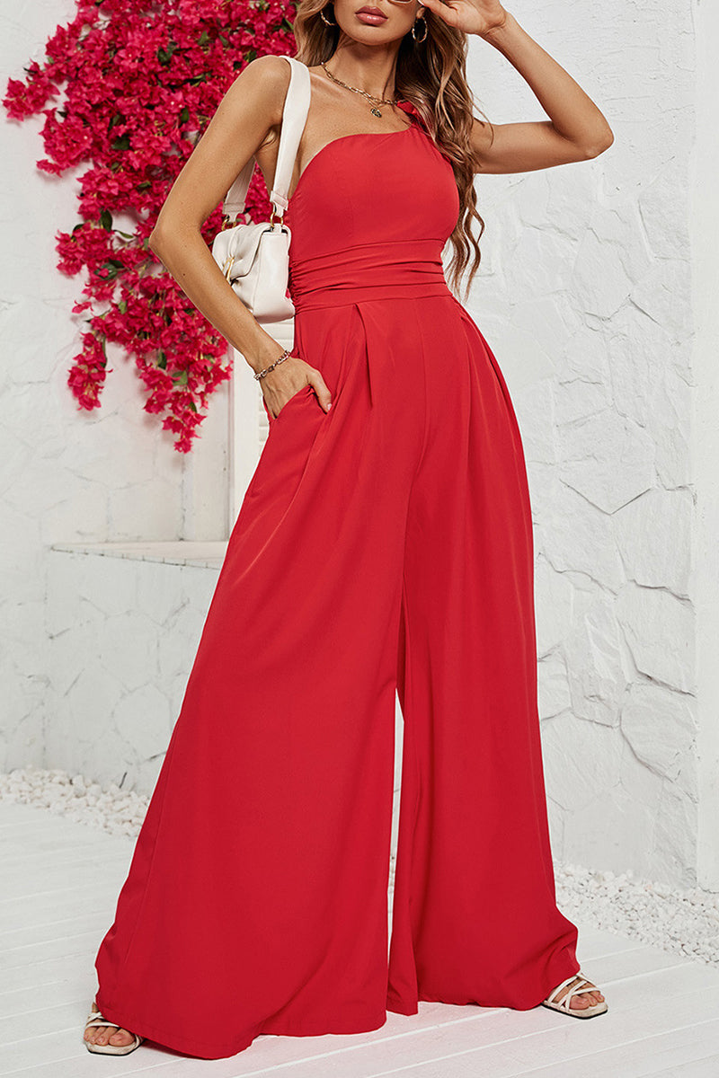 Casual Solid Pocket Flounce Oblique Collar Straight Jumpsuits