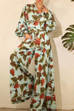 Casual Floral Patchwork Turndown Collar Long Sleeve Two Pieces(7 Colors)