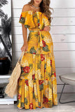 Elegant Print Frenulum Off the Shoulder Cake Skirt Dresses(4 Colors)