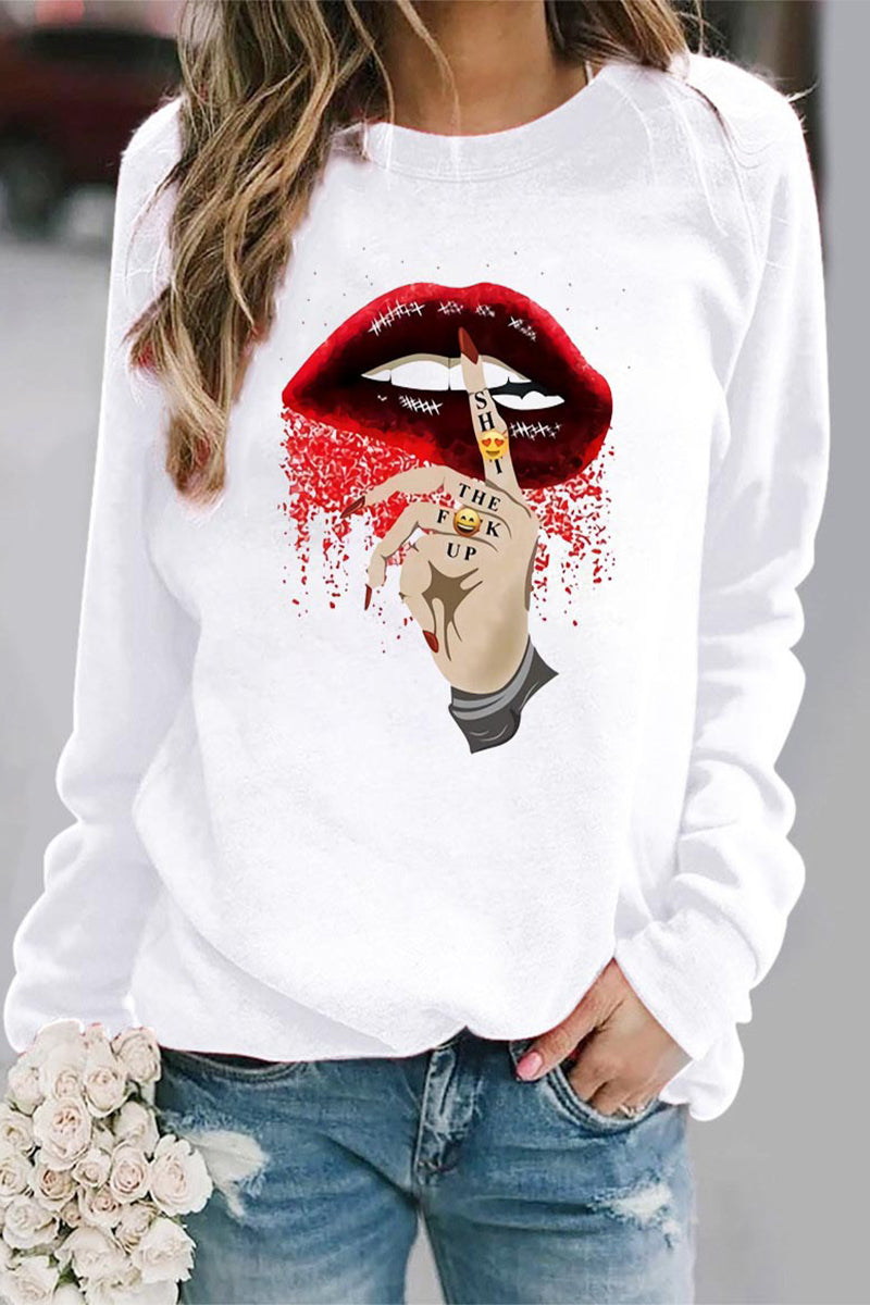 Casual Lips Printed O Neck Tops