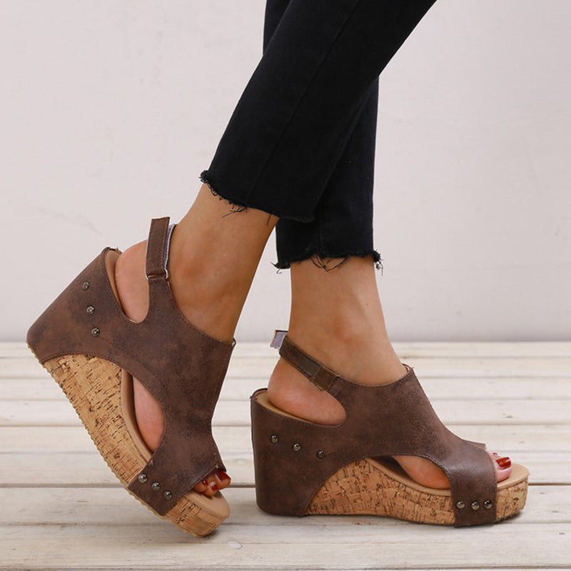 Casual Simplicity Patchwork Fish Mouth Wedges Shoes