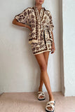 Casual College Geometric Printing Turndown Collar Half Sleeve Two Pieces