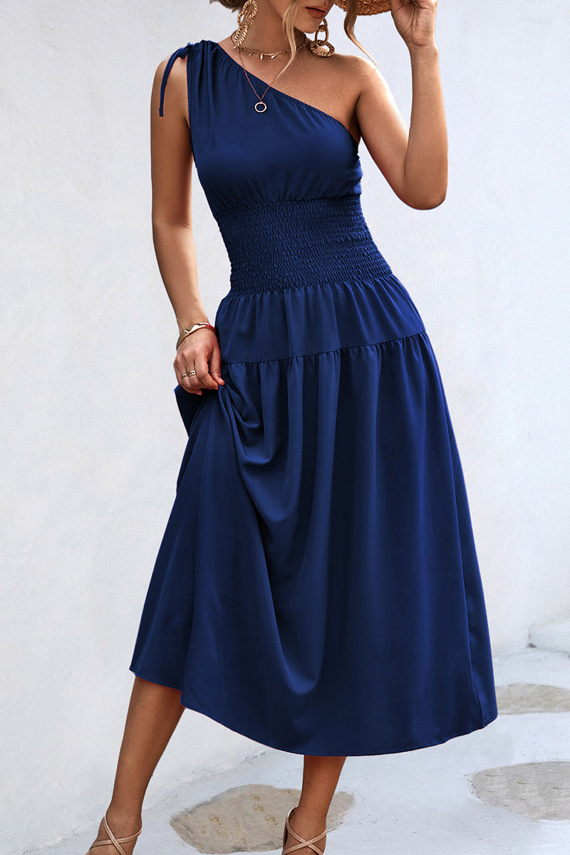 Casual Simplicity Solid Frenulum Oblique Collar Waist Skirt Dresses