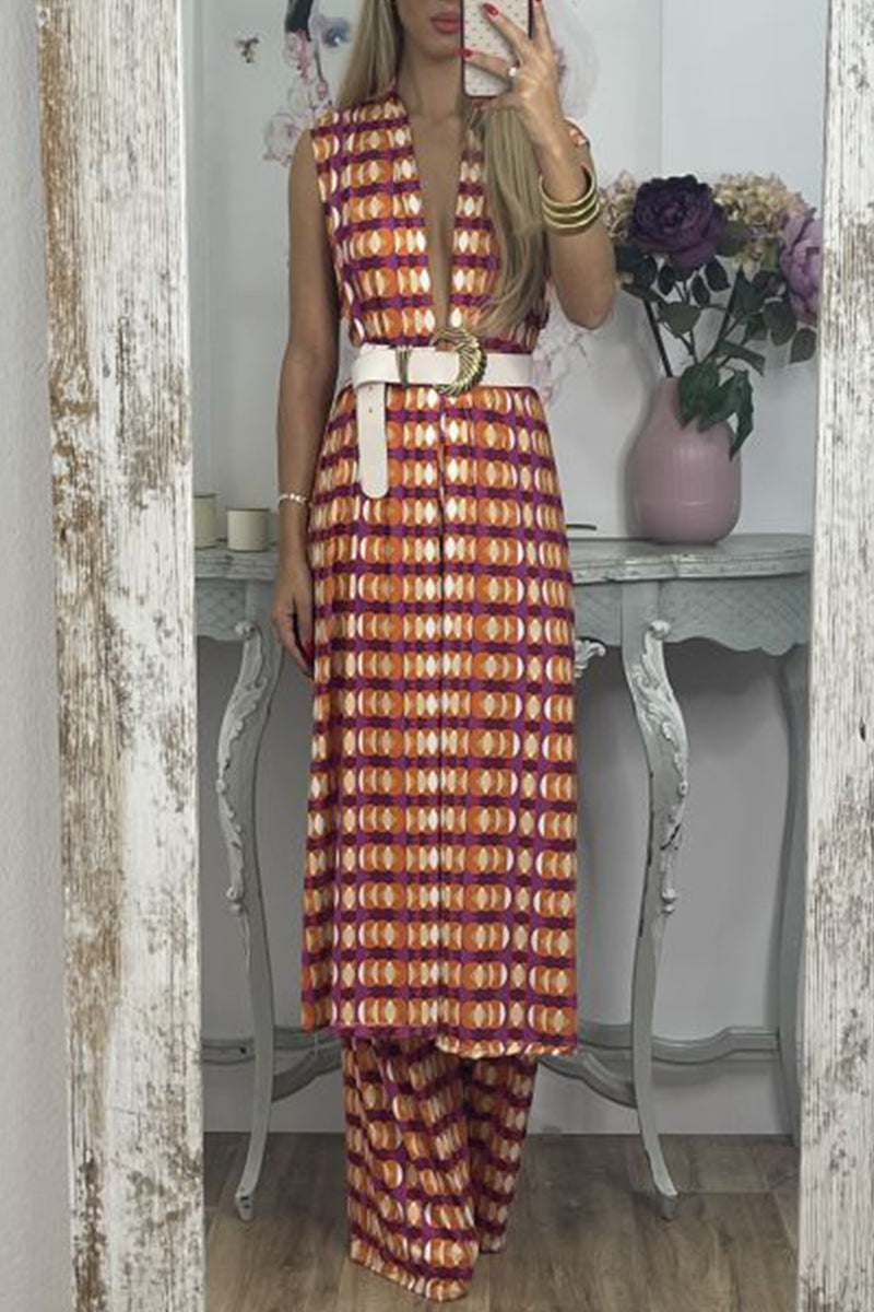 Casual Geometric With Belt Printing V Neck Sleeveless Two Pieces