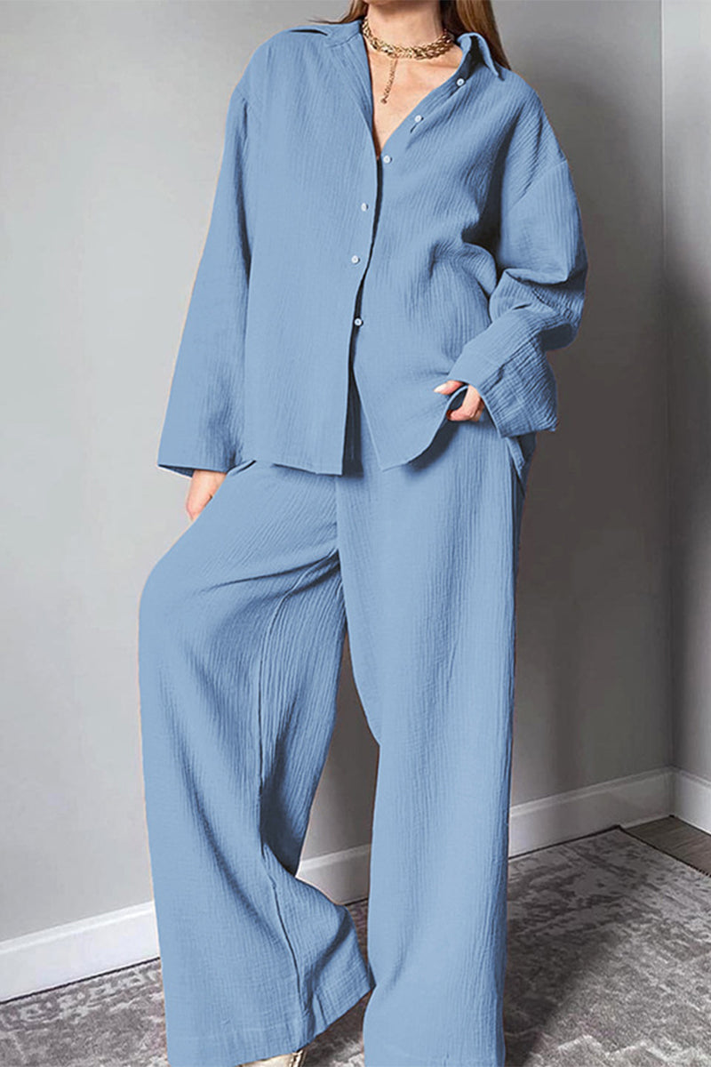 Casual Simplicity Solid Turndown Collar Long Sleeve Two Pieces