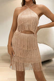 Sexy Solid Tassel Halter Sleeveless Two Pieces