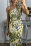 Sexy Print Patchwork Oblique Collar One Step Skirt Dresses