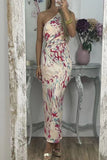 Sexy Print Patchwork Oblique Collar One Step Skirt Dresses