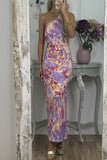 Sexy Print Patchwork Oblique Collar One Step Skirt Dresses