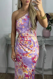 Sexy Print Patchwork Oblique Collar One Step Skirt Dresses
