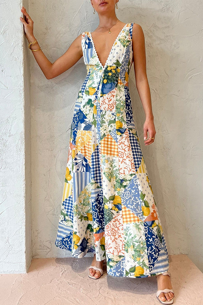 Casual Print V Neck Beach Dress Dresses