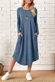 Casual Simplicity Solid Pocket O Neck Long Sleeve Dresses(6 Colors)